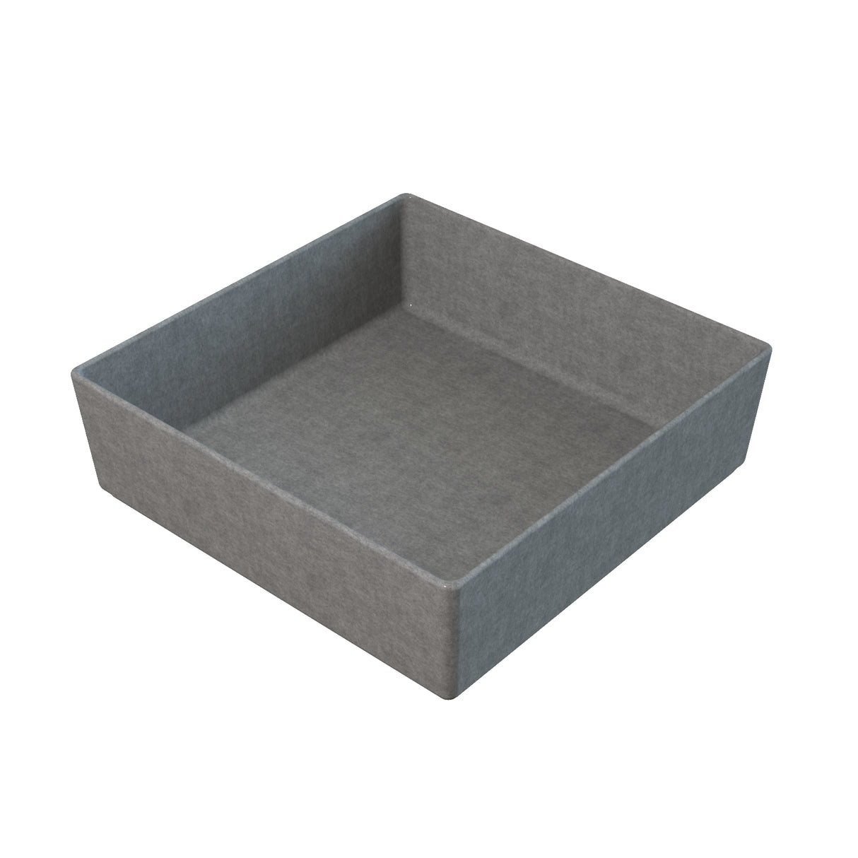 A square, shallow, gray fabric storage bin with straight sides and no handles, shown empty against a white background. The soft, felt-like texture offers stylish organization for drawers or shelves—perfect beside a cold holding bowl in your space.