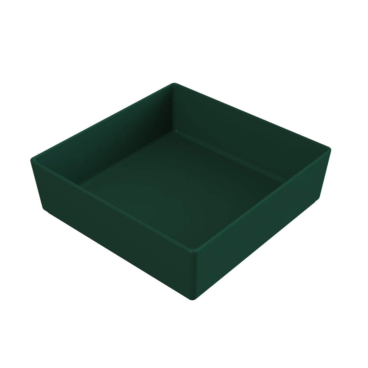 A simple, empty dark green square plastic tray with straight sides and a flat bottom, shown on a white background. This dishwasher safe bowl features smooth edges and no visible handles or patterns.