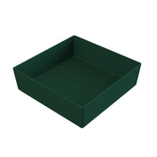 A simple, empty dark green square plastic tray with straight sides and a flat bottom, shown on a white background. This dishwasher safe bowl features smooth edges and no visible handles or patterns.