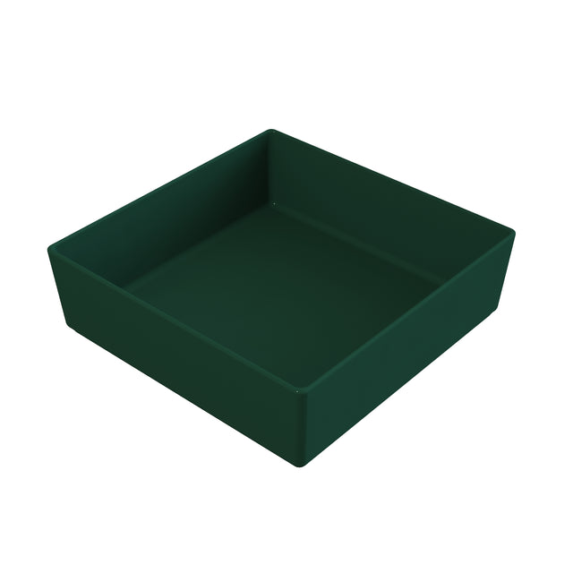 A simple, empty dark green square plastic tray with straight sides and a flat bottom, shown on a white background. This dishwasher safe bowl features smooth edges and no visible handles or patterns.