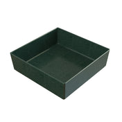 A square, dark green, speckled tray with high sides sits on a white background. The tray has a smooth, glossy finish and clean edges, resembling a sturdy cold holding bowl or dishwasher safe bowl in its durable design.