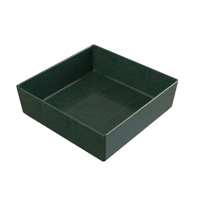 A square, dark green, speckled tray with high sides sits on a white background. The tray has a smooth, glossy finish and clean edges, resembling a sturdy cold holding bowl or dishwasher safe bowl in its durable design.