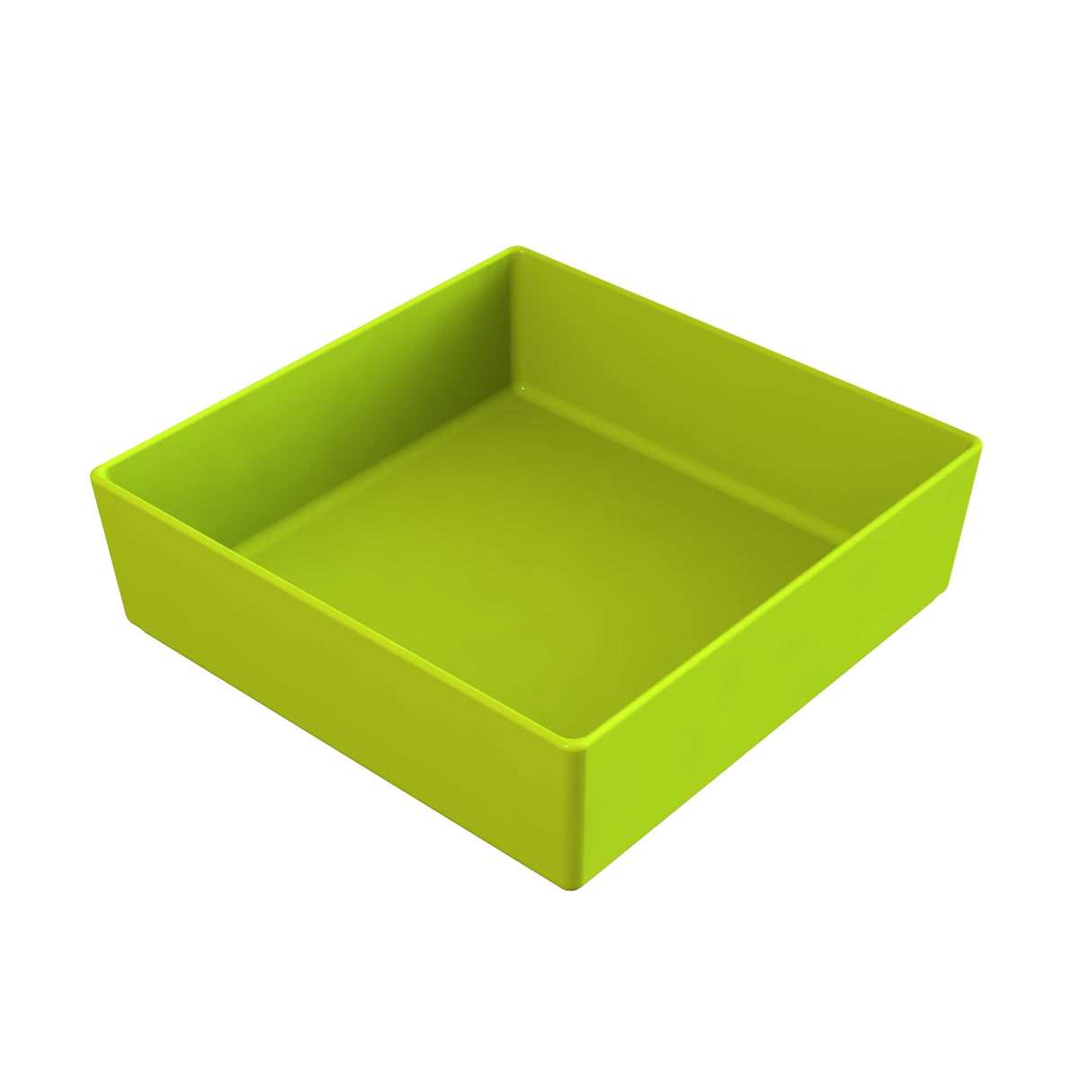A square, shallow lime green plastic bowl with smooth edges and no lid is shown on a white background. The interior and sides are clean and unmarked, and the container is empty.