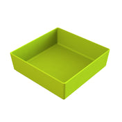 A square, shallow lime green plastic bowl with smooth edges and no lid is shown on a white background. The interior and sides are clean and unmarked, and the container is empty.