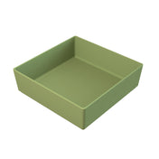 A square, deep, olive green cast aluminum bowl with straight sides and a matte finish, placed on a white background. The tray appears empty and is oriented at an angle, showing both the interior and two exterior sides.