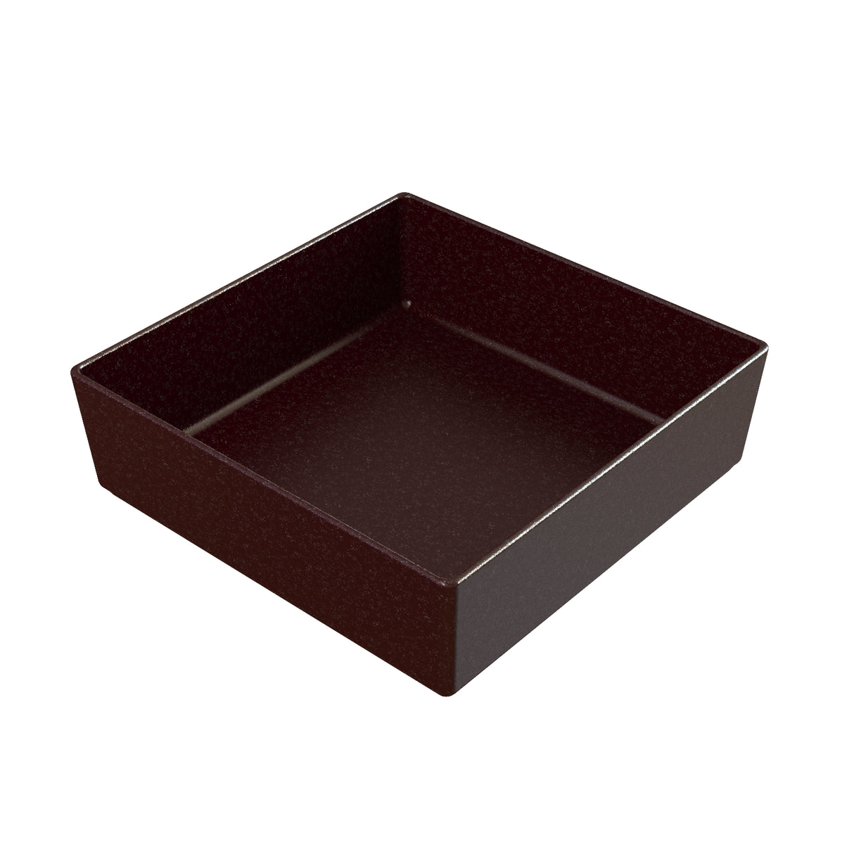 A deep, square, dark brown tray with slightly glossy sides and a smooth, flat base. The tray appears to be made of plastic or lacquered wood and is empty like a bowl against a plain white background.
