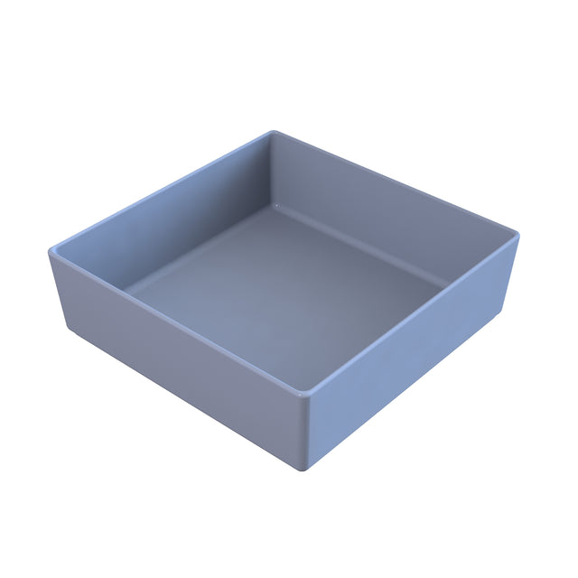 A 3D-rendered image of a simple, empty, square gray tray or shallow box with smooth edges and a flat base, viewed at an angle on a white background. The tray appears to be made of cast aluminum or a similar material.