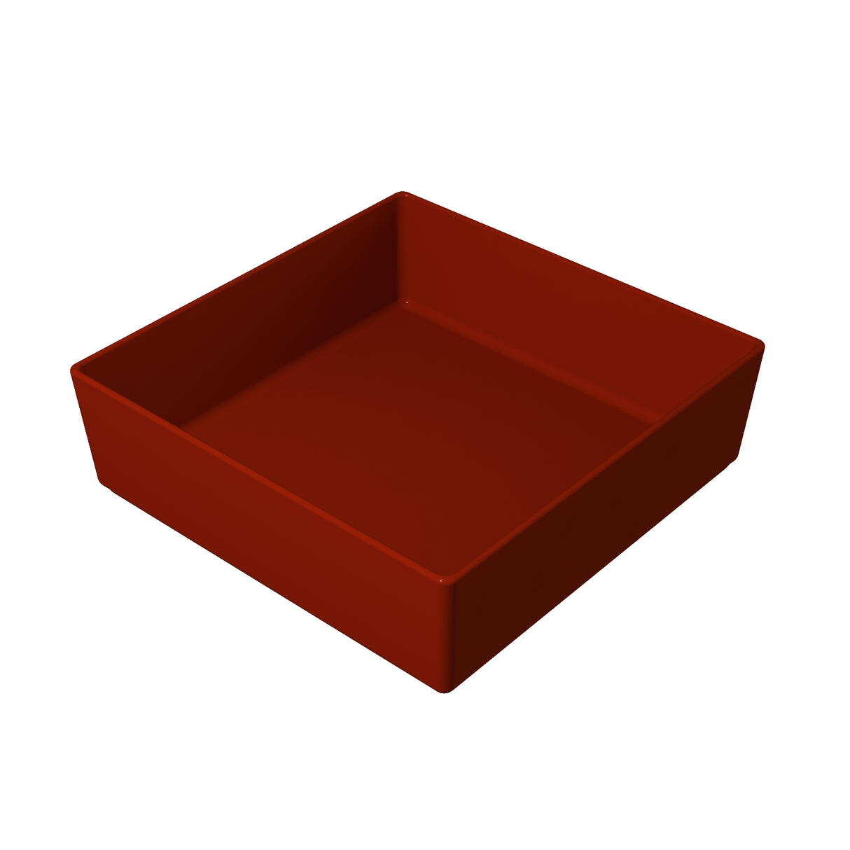 A square, deep red, empty tray with high sides, featuring a smooth Duracoat coated cast aluminum finish, is placed on a white background. It’s viewed from an angle, displaying both the glossy interior and two outer sides.