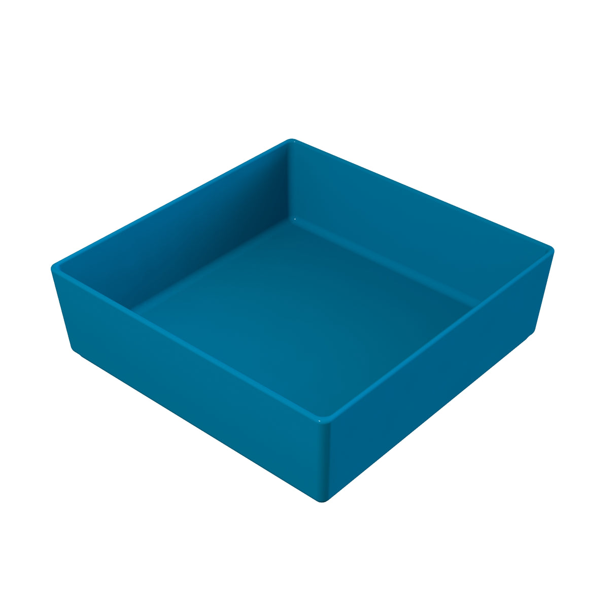 A blue, empty, square plastic tray with slightly angled sides and smooth edges is shown on a white background. The perspective is slightly angled from above, similar to how a cold holding bowl might be presented.
