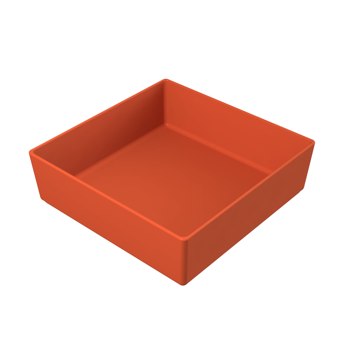 A square, deep, orange cast aluminum bowl with smooth sides and no handles, shown on a plain white background. Its simple, minimalist design makes it suitable for storage or serving.