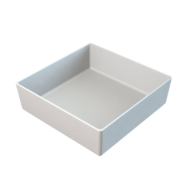 A plain, white, square-shaped ceramic dish with straight sides and a smooth surface. Ideal for cold holding, the empty dish is positioned on a white background, viewed from an angle above and to the side.