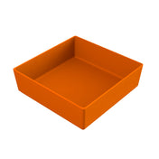 A 3D-rendered image of an empty, square, orange dishwasher safe bowl with straight sides and a flat bottom, set against a plain white background. The container is viewed from an angle, showing its depth and interior.