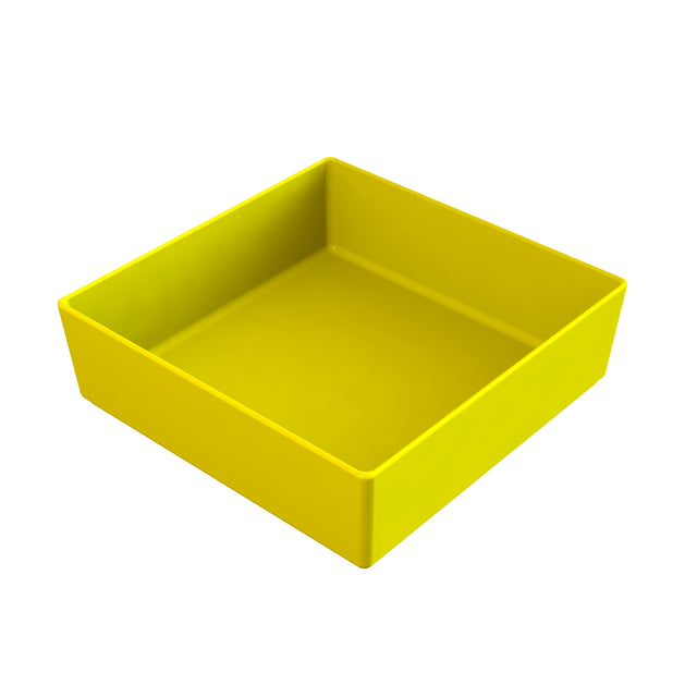 A bright yellow, square-shaped cold holding bowl with straight sides and an open top, set against a plain white background. The container appears empty and smooth inside.