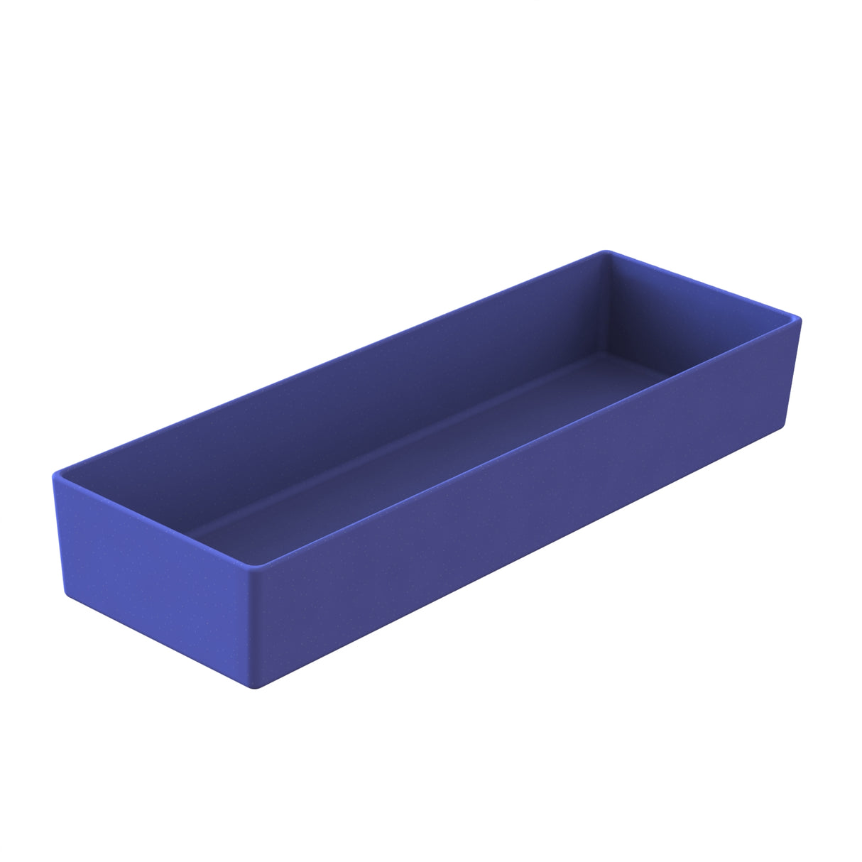 A rectangular, deep blue plastic tray with straight sides and sharp corners, viewed at an angle on a white background. The tray is empty, features a smooth, matte finish, and is dishwasher safe for easy cleaning.