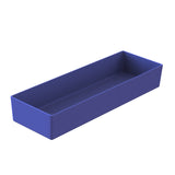 A rectangular, deep blue plastic tray with straight sides and sharp corners, viewed at an angle on a white background. The tray is empty, features a smooth, matte finish, and is dishwasher safe for easy cleaning.