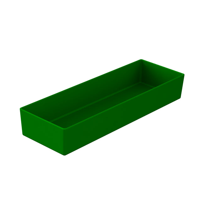 A rectangular, deep green plastic tray with high sides, viewed at an angle against a plain white background. Perfect as a cold holding bowl, its smooth surfaces and sharp edges are clearly visible. The tray is empty and ready for use.
