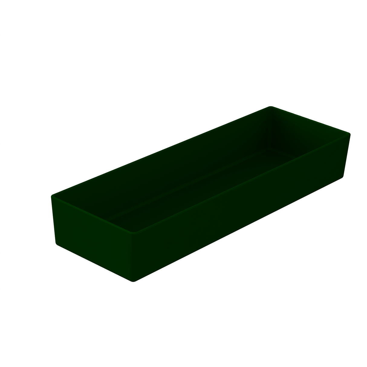 A dark green, rectangular, open-top cast aluminum bowl is shown at an angle on a plain white background. The container has straight sides and a flat base, with no visible patterns, markings, or handles.