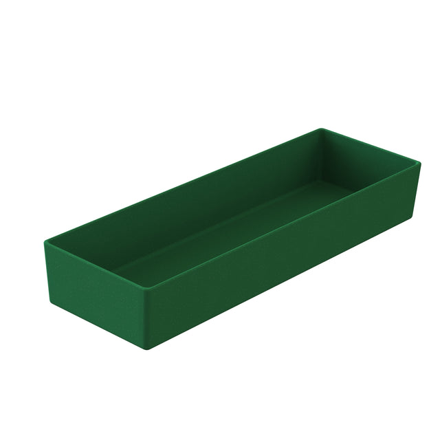 A rectangular, deep green plastic tray with high sides, viewed at an angle against a white background. The dishwasher safe tray is empty and has a smooth surface, suitable for organizing or storing various small items.