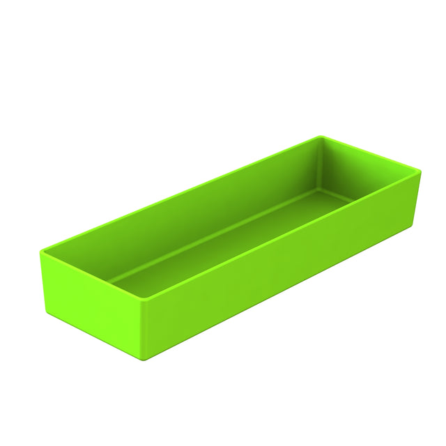 A rectangular, bright green, open-top plastic box is shown on a white background. The dishwasher safe box is empty and has straight sides with slightly rounded corners, giving it a smooth, modern appearance.