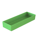 A rectangular, shallow, open-top tray made of smooth green plastic is shown. Designed for cold holding, the tray has straight sides and slightly rounded corners, and is empty. It is photographed against a plain white background.