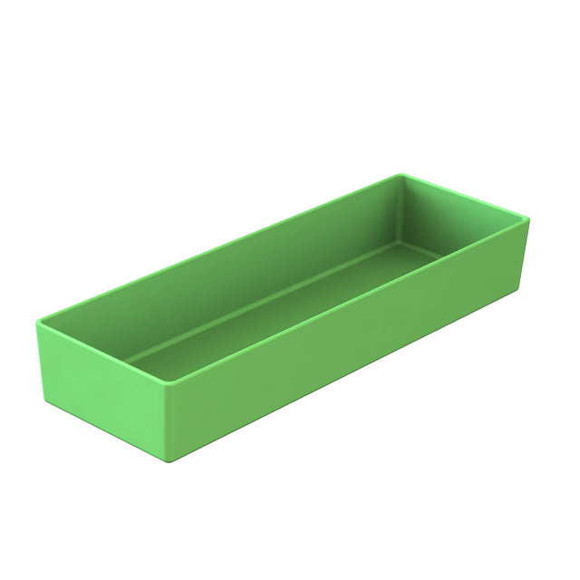 A rectangular, shallow, open-top tray made of smooth green plastic is shown. Designed for cold holding, the tray has straight sides and slightly rounded corners, and is empty. It is photographed against a plain white background.