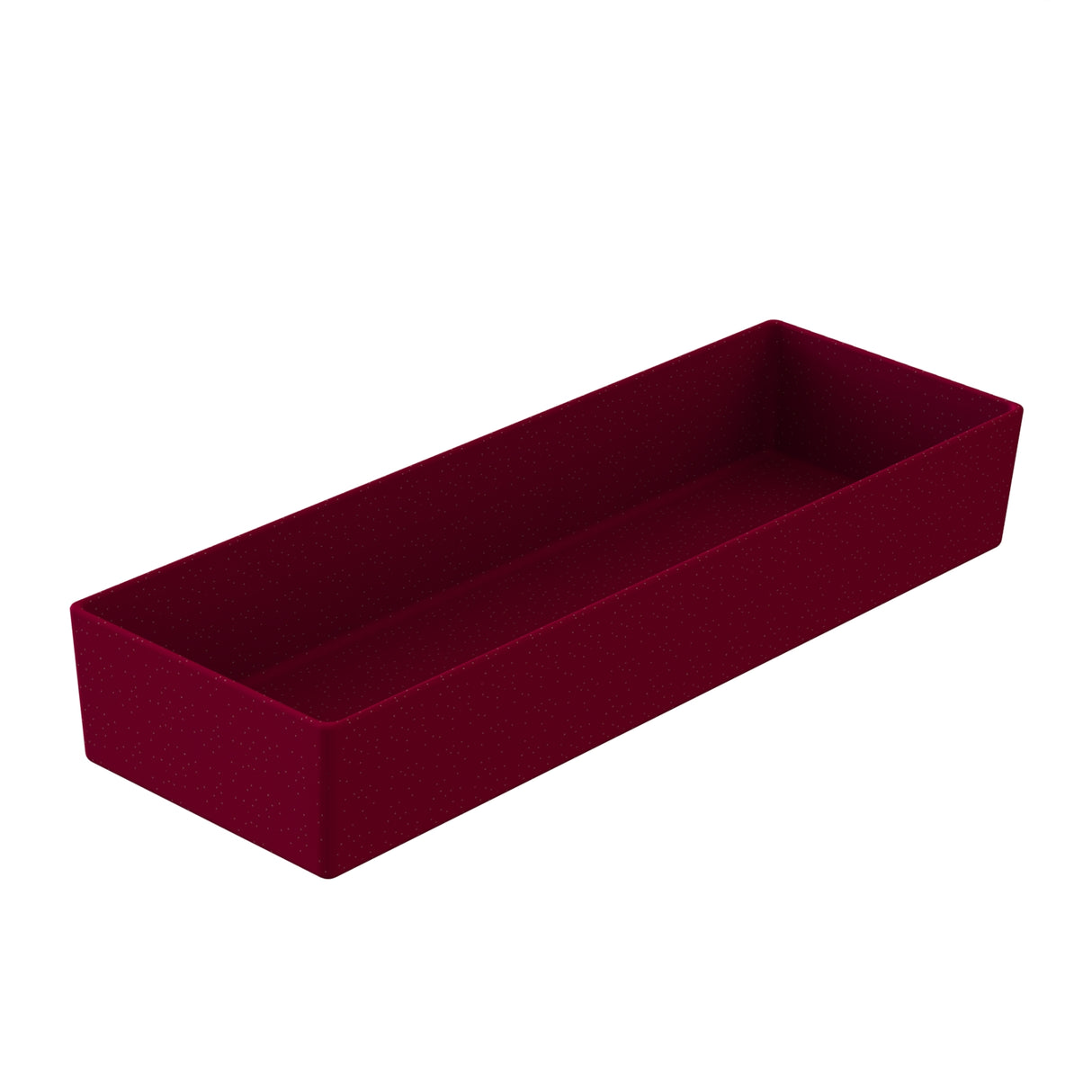 A rectangular, deep, open cast aluminum bowl with solid sides and no lid, shown at an angle. The deep maroon cold holding bowl sits on a white background with no visible patterns or markings; it’s also dishwasher safe.