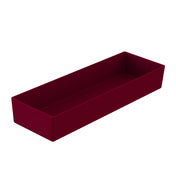 A rectangular, deep, open cast aluminum bowl with solid sides and no lid, shown at an angle. The deep maroon cold holding bowl sits on a white background with no visible patterns or markings; it’s also dishwasher safe.
