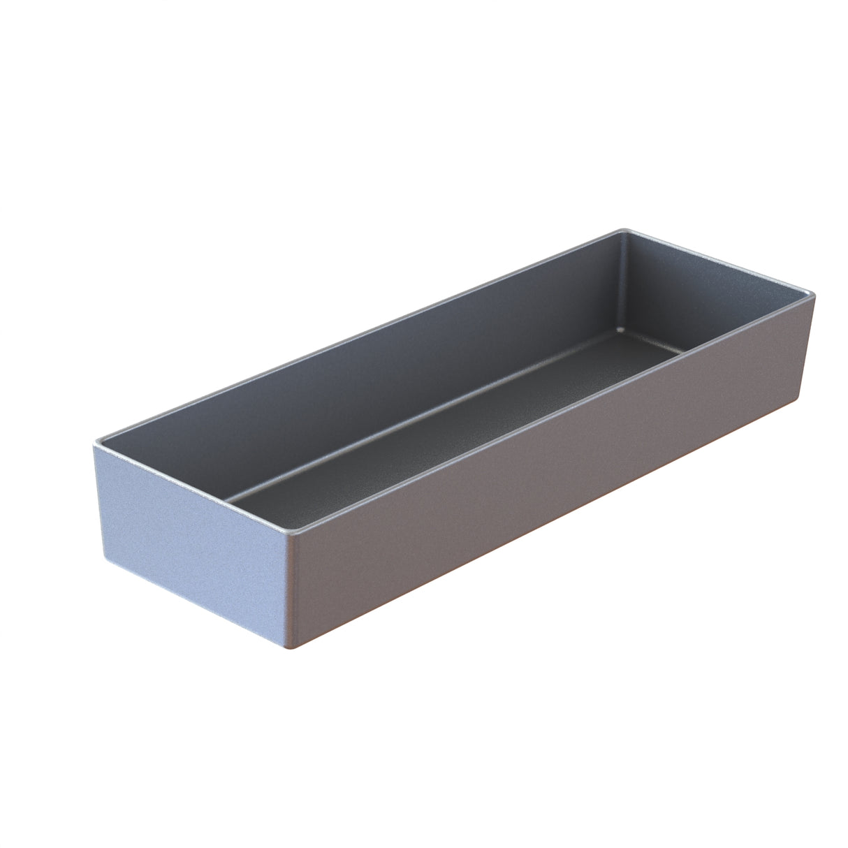 A rectangular, silver sand cast aluminum loaf pan with straight sides and a smooth finish is shown on a white background. The pan is empty and viewed at an angle, displaying its depth and sharp corners.