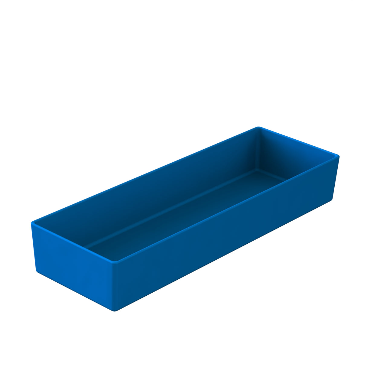 A rectangular, open-top tray made of blue plastic is shown against a white background. The smooth, straight-sided design is ideal as a dishwasher safe bowl, featuring sharp corners and no visible handles or decorations.