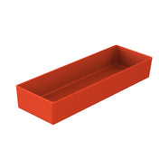 A rectangular, open-top, orange tray with straight sides and sharp corners, shown on a white background. The tray appears to be made of cast aluminum and is empty, with smooth surfaces and no visible handles or markings.