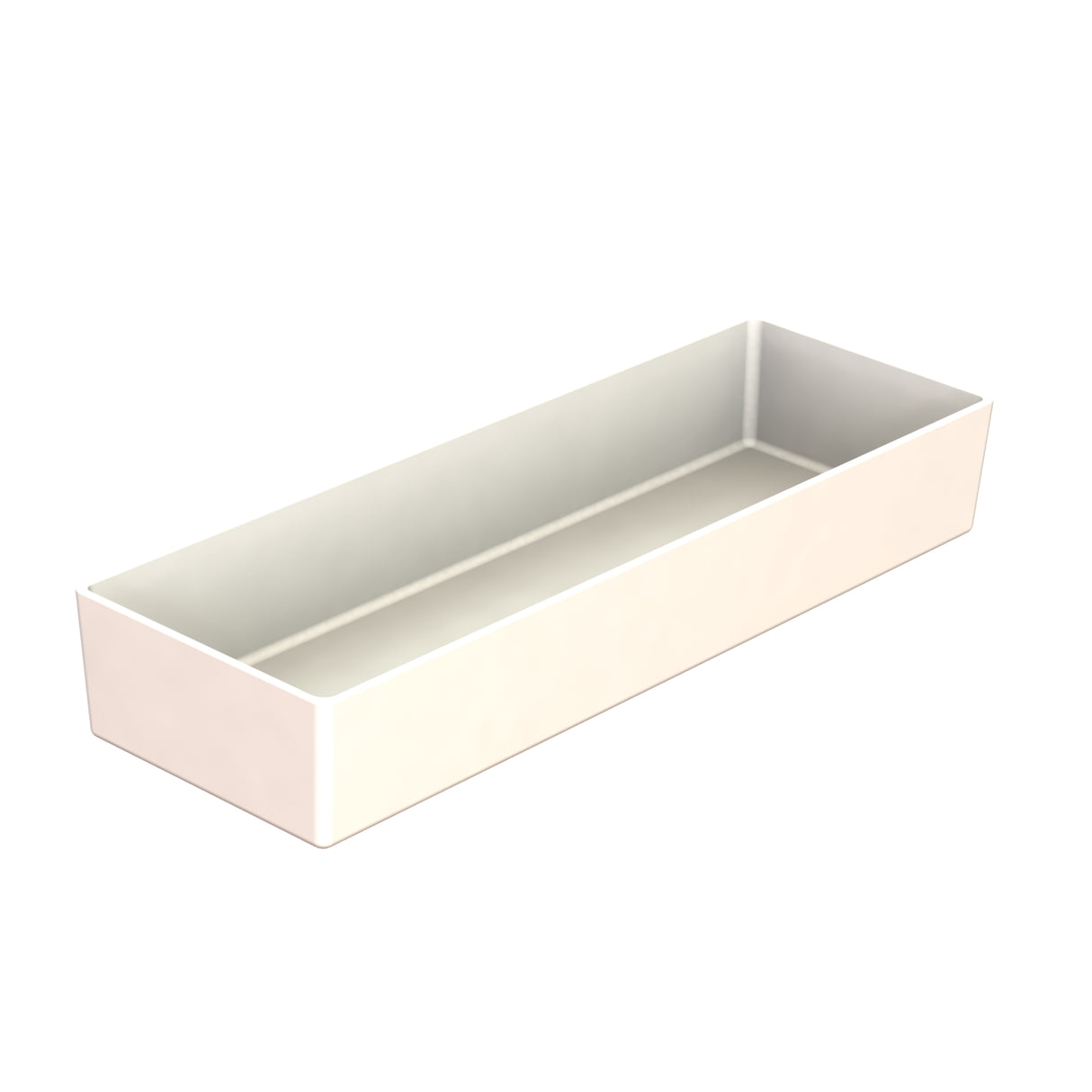 A rectangular, shallow white tray with straight sides and a smooth, glossy Duracoat coated cast aluminum surface, viewed at an angle on a plain white background. The tray is empty, NSF dishwasher safe, and showcases a simple, modern design.