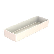A rectangular, shallow white tray with straight sides and a smooth, glossy Duracoat coated cast aluminum surface, viewed at an angle on a plain white background. The tray is empty, NSF dishwasher safe, and showcases a simple, modern design.