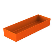 A rectangular, open-top tray made of orange plastic, ideal for cold holding. The tray has straight sides and sharp corners, with a smooth, solid surface and no visible patterns or textures. The background is plain white.
