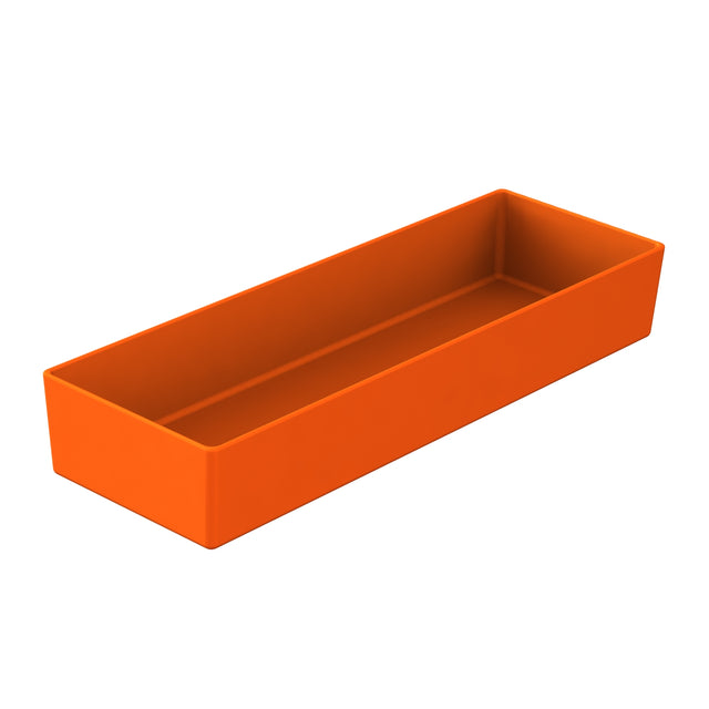A rectangular, open-top tray made of orange plastic, ideal for cold holding. The tray has straight sides and sharp corners, with a smooth, solid surface and no visible patterns or textures. The background is plain white.