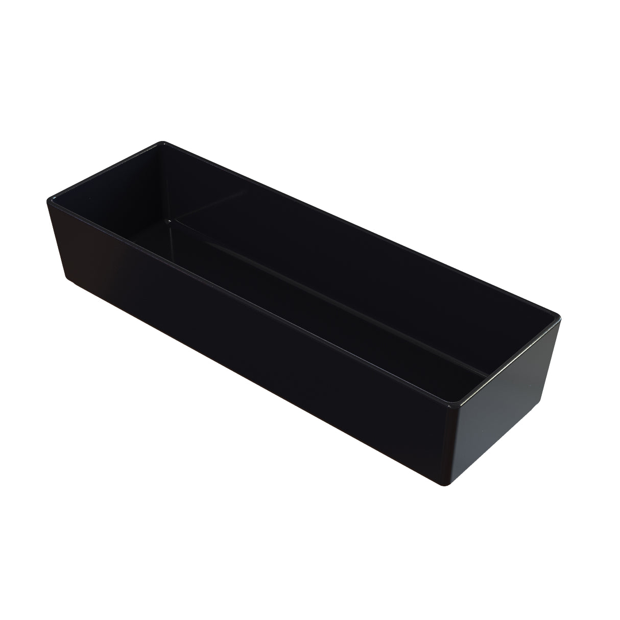 A rectangular, deep black plastic cold holding tray with smooth edges and glossy finish, photographed on a white background and angled to show its spacious interior and depth.