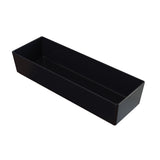 A rectangular, deep black plastic cold holding tray with smooth edges and glossy finish, photographed on a white background and angled to show its spacious interior and depth.