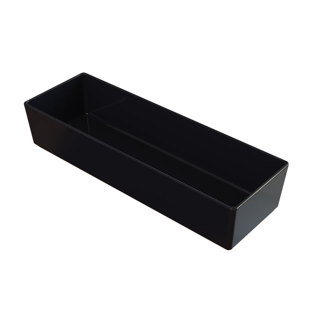 A rectangular, deep black plastic cold holding tray with smooth edges and glossy finish, photographed on a white background and angled to show its spacious interior and depth.