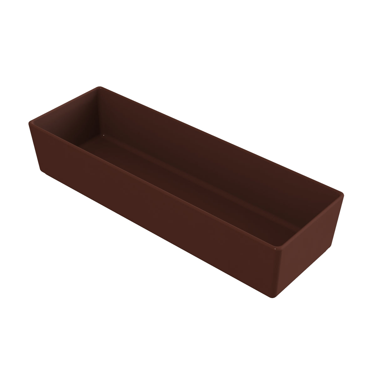 A rectangular, deep brown plastic tray with straight sides and sharp corners, photographed against a plain white background. The tray is empty, has a smooth matte finish, and is dishwasher safe for easy cleaning.