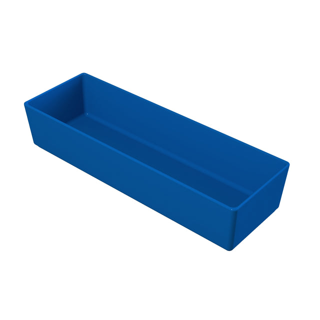 A rectangular, deep blue plastic tray with straight sides and rounded corners, shown from a slightly elevated angle on a plain white background. The tray is empty, has a smooth matte surface, and is dishwasher safe for easy cleaning.