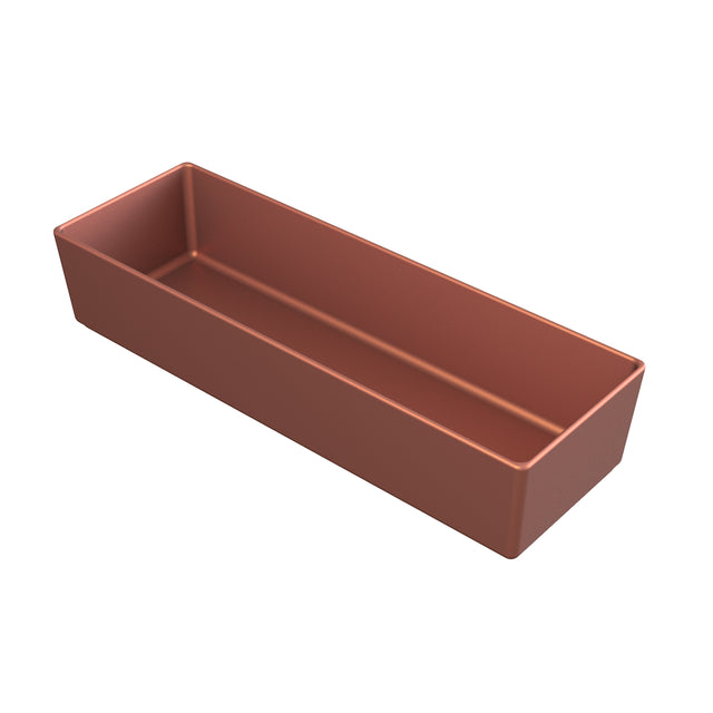 A rectangular, deep, open-top container with straight sides and sharp corners, finished in a matte copper tone. This copper finish bowl is empty and displayed against a plain white background.