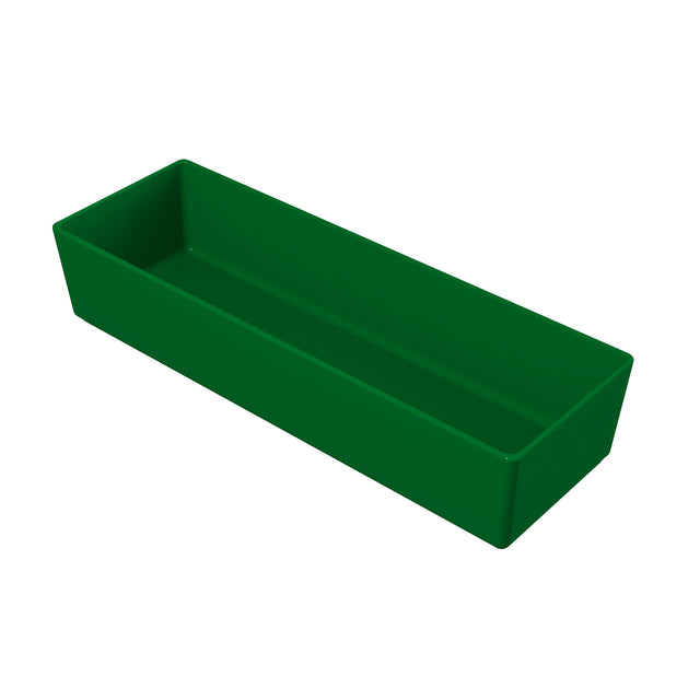 A rectangular, deep, green cold holding bowl with smooth sides and sharp corners is shown on a white background. The empty tray's glossy surface reflects light slightly, giving it a clean and simple appearance.