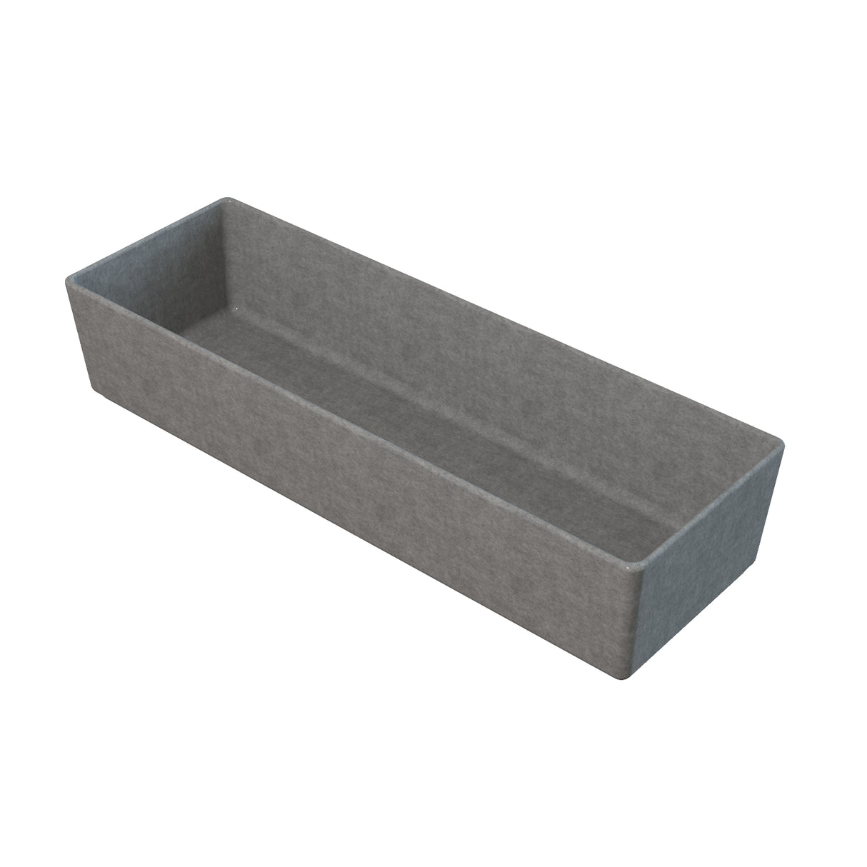 A rectangular, gray, fabric storage bin with straight sides and an open top is shown against a white background. Its minimalist design is perfect for organizing items like a cold holding bowl or cast aluminum bowl on shelves or in drawers.