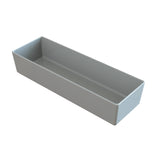 A rectangular, gray, cast aluminum bowl with straight sides and sharp corners is shown on a white background. The tray is empty with smooth surfaces, making it suitable as a cold holding bowl for organizing or storing small items.