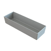 A rectangular, gray, cast aluminum bowl with straight sides and sharp corners is shown on a white background. The tray is empty with smooth surfaces, making it suitable as a cold holding bowl for organizing or storing small items.