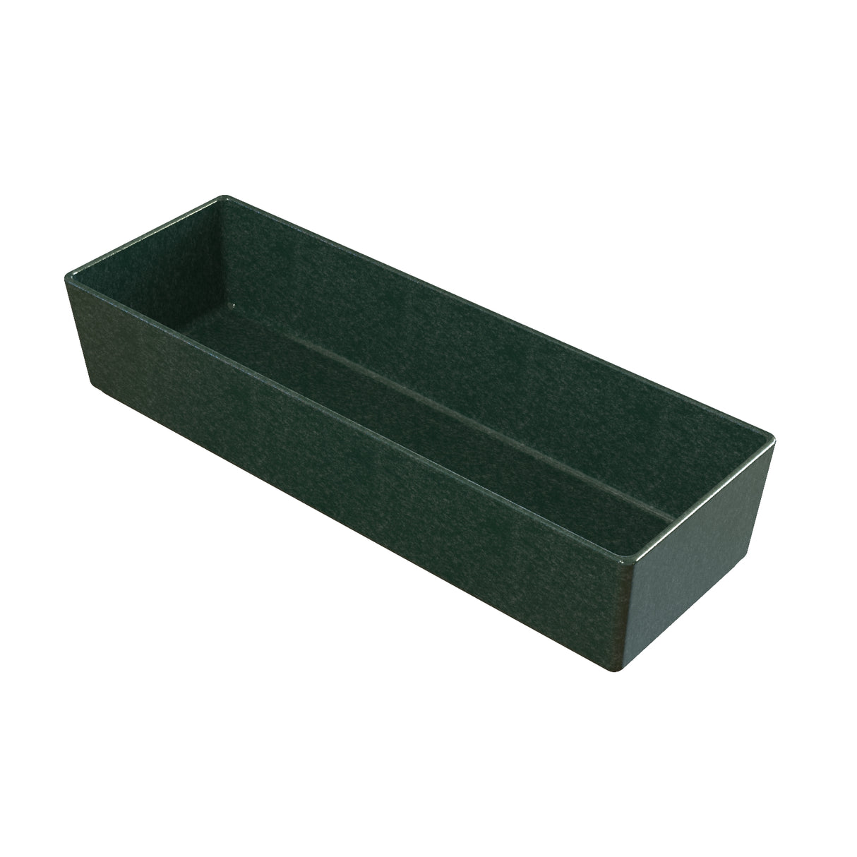 A rectangular, deep green tray made from Duracoat coated cast aluminum with straight sides and a smooth, glossy finish, photographed on a white background. Its sharp corners add to its modern, minimalistic appearance.