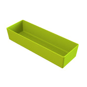 A rectangular, lime green plastic tray with high sides and a smooth surface, shown on a white background. The tray is empty with sharp, clean edges and is ideal for use as a dishwasher safe bowl or cold holding bowl.