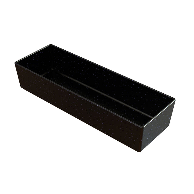 A rectangular, black, open cold holding bowl with straight sides and a smooth surface, featuring small white speckles. Made from Duracoat coated cast aluminum and NSF certified, its simple, modern design is highlighted by the plain white background.