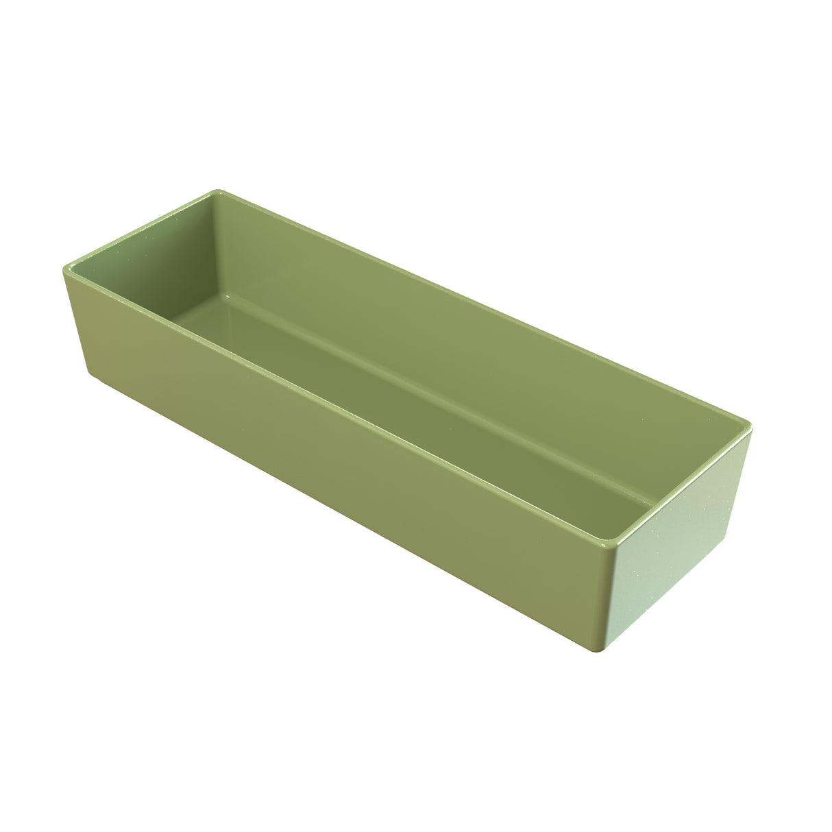 A rectangular, light green plastic cold holding bowl with straight sides and a smooth surface, photographed on a white background. The container is empty and open at the top, showing its depth and interior.