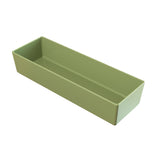 A rectangular, light green plastic cold holding bowl with straight sides and a smooth surface, photographed on a white background. The container is empty and open at the top, showing its depth and interior.