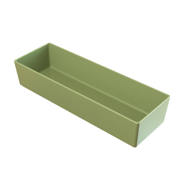A rectangular, light green plastic cold holding bowl with straight sides and a smooth surface, photographed on a white background. The container is empty and open at the top, showing its depth and interior.